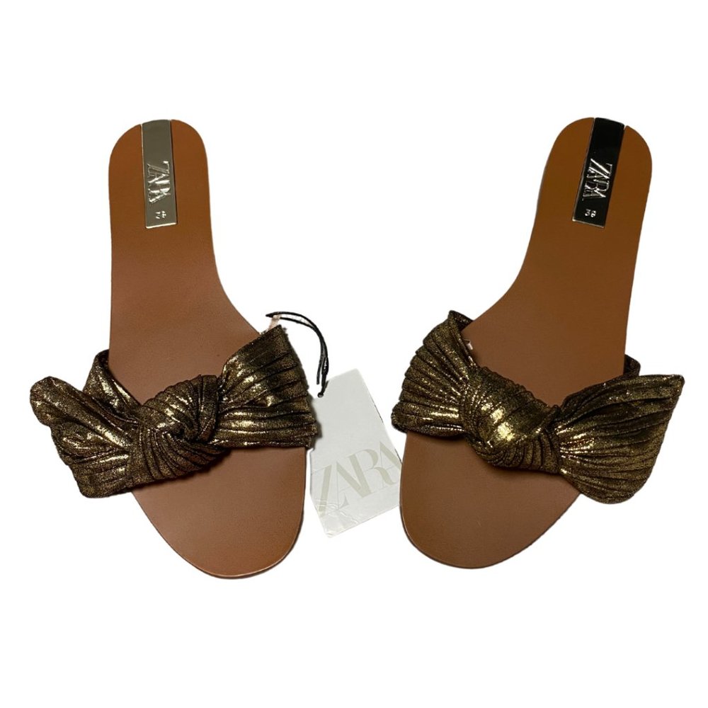 Zara Gold Bow Flat Sandals (NWT)